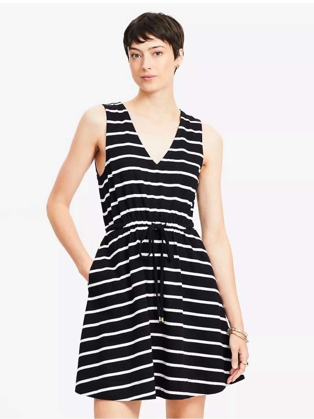 LOFT Striped V-Neck Drawstring Mini Pocket Dress - Black & White, size XS - Picture 2 of 9